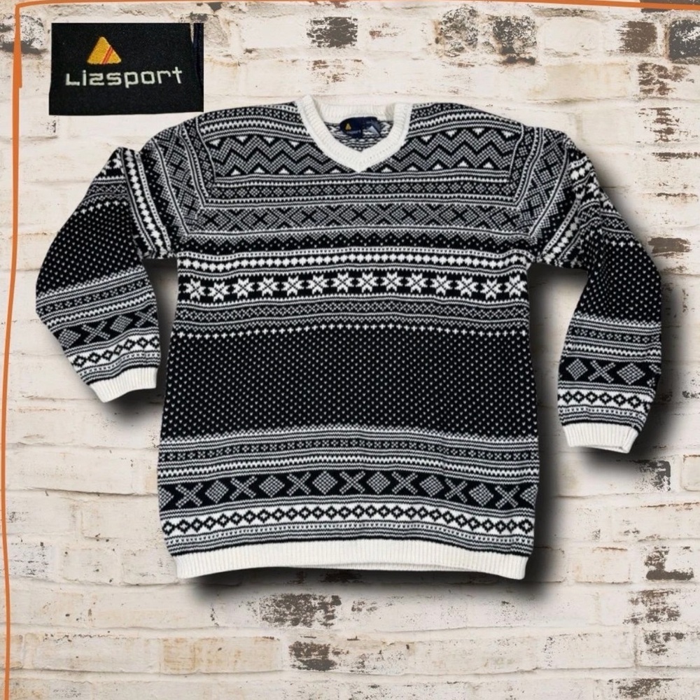 Vintage 80s Lizsport Nordic Fair Isle Sweater w Shoulder Pads‎